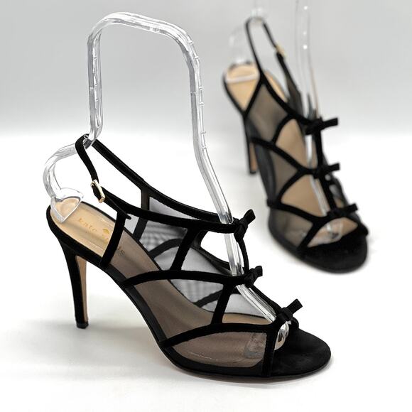 KATE SPADE Mesh Bow Accent Suede Heels Womens 8.5 Black Cut Out Slingback - Picture 1 of 10